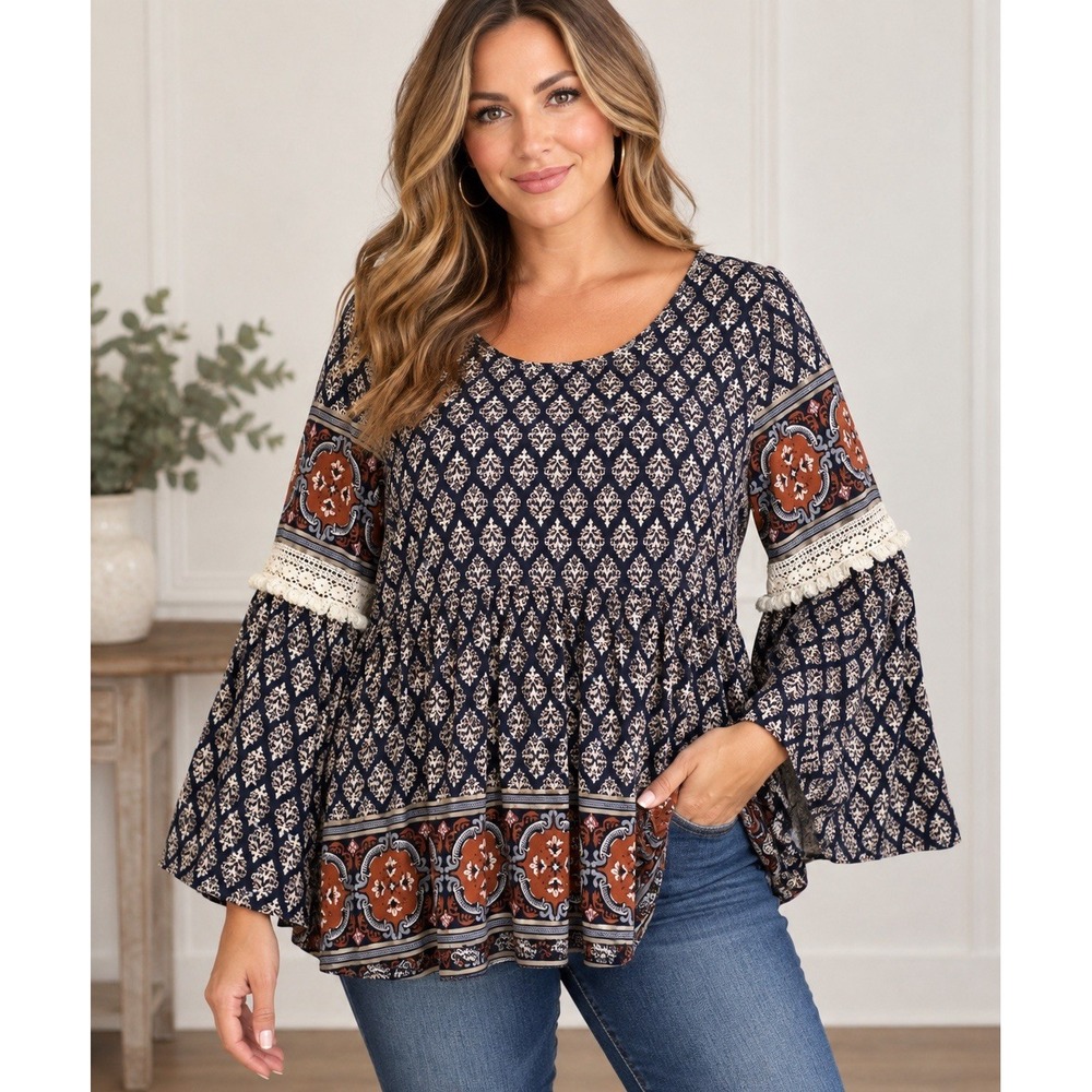 Entro Women's Large Boho Tunic Blouse Navy Rust Bell Sleeve Crochet Lace Top L